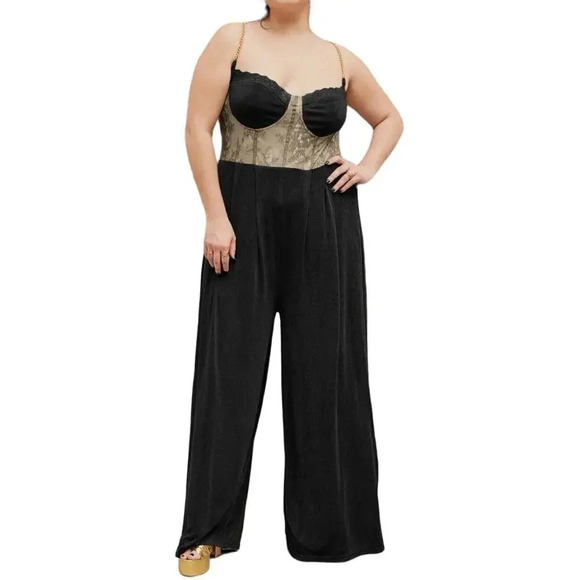 New Black LACE Top CORSET CHAIN CROSS WIDE LEG JUMPSUIT CURVE PLUS 3XL Stretchy - Picture 1 of 8
